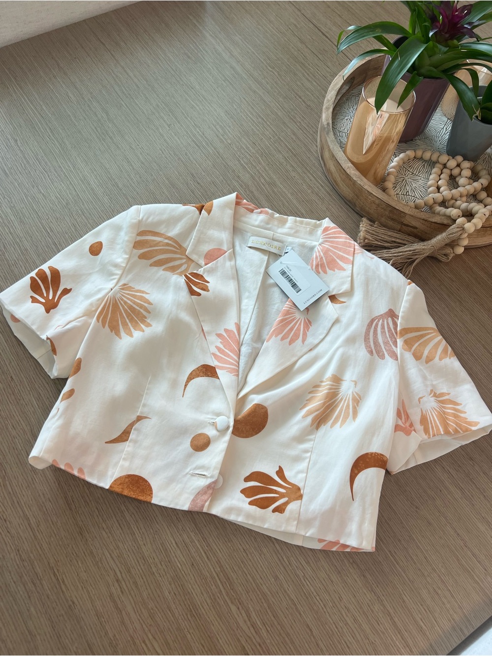 Lightweight White Crop Blazer and skirt with Coral & Tan Print